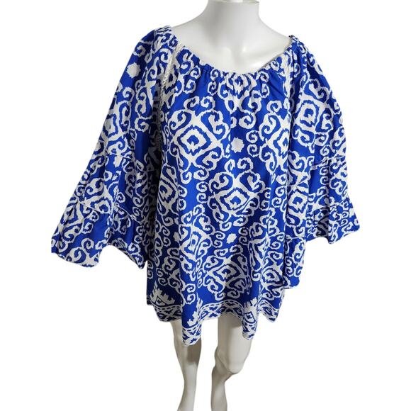 Calessa Scoop Neck 3/4 Flare Sleeve Blue/ White Women's Pullover Blouse Large - Picture 4 of 9